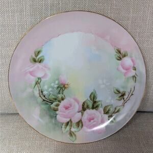 Austria Hand Painted Plate Floral Roses Pink With Gold Trim Signed Vintage 7.5"